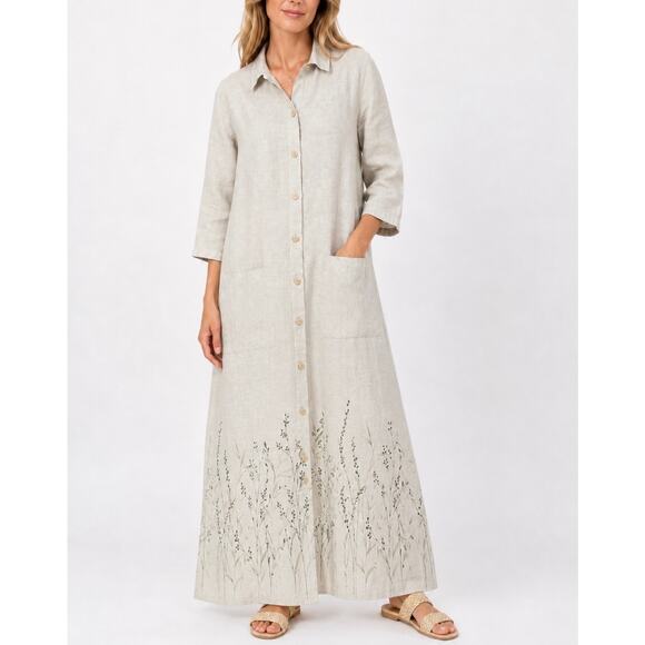 Hot Cotton by Marc Ware Dresses & Skirts - Hot Cotton by Marc Ware Linen Shirt Dress Beige Floral Print Button Front Large